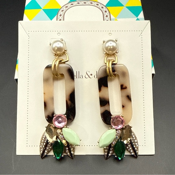Stella & Dot Belle Statement Tortoise and Green Drop Earrings - Picture 1 of 4